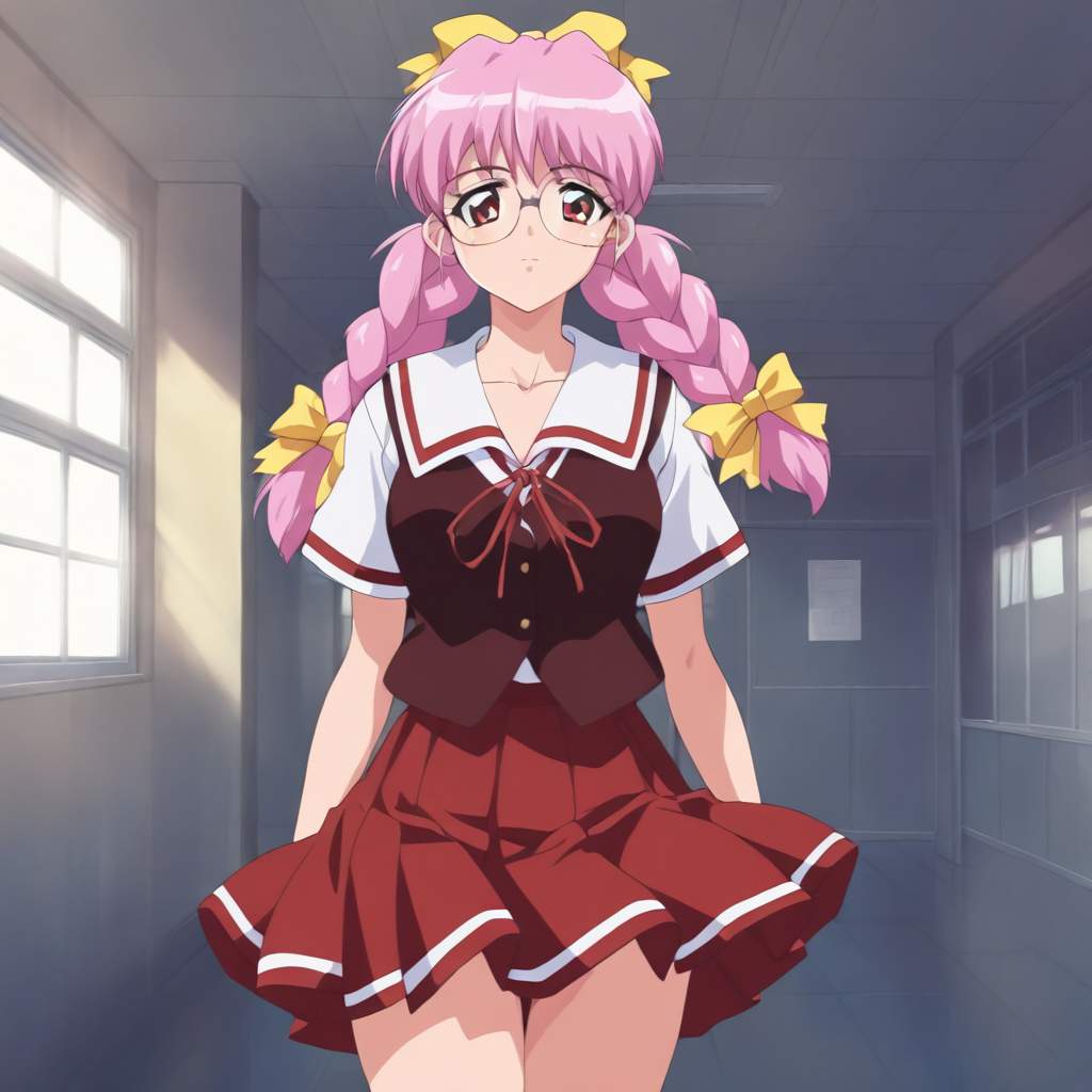masterpiece,1girl,solo,looking at viewer,cowboy_shot,upper_body,<lora:Rika_Respect ag4o v1:1> rika_respect, glasses, pink hair, twin braids, hair bow, red eyes,school uniform,red skirt,white socks,