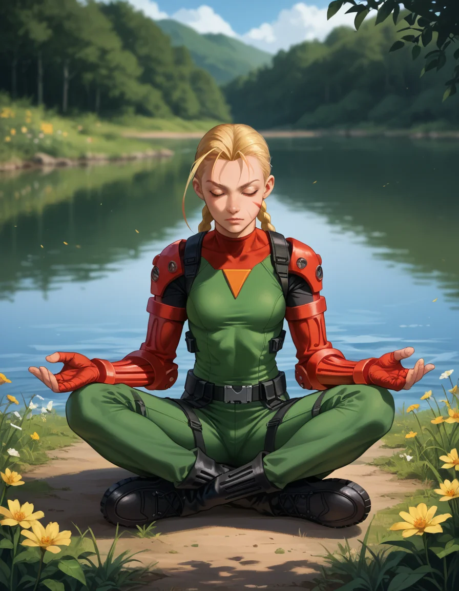 score_9, score_8_up, score_7_up, score_6_up, score_5_up, score_4_up, robot, 1boy, cammy_white, hud_m3dit4tion, indian style, sitting, on floor, pants, facing viewer, boots, closed eyes, <lora:hud_m3dit4tion_XLP:0.8>, outdoors, lake, day, flower