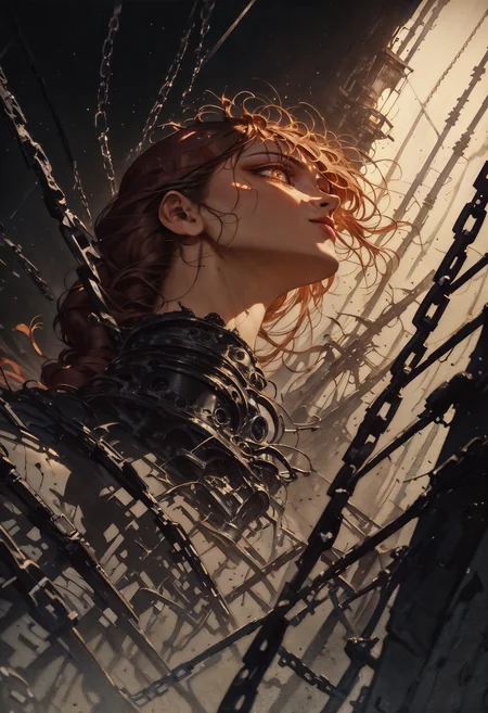 score_9, score_8_up, score_7_up, masterpiece, best quality, very aesthetic, cinematic lighting, 1girl, makima (chainsaw man), chainsaw man, beautiful eyes, perfect face, chains, dutch angle, shadows, dark horror, neon cyberpunk, <lora:Expressive_H-000001:0.8>, expressiveH <lora:Pony_DetailV1.0:0.9> <lora:nostalgia-000011:0.9> retro