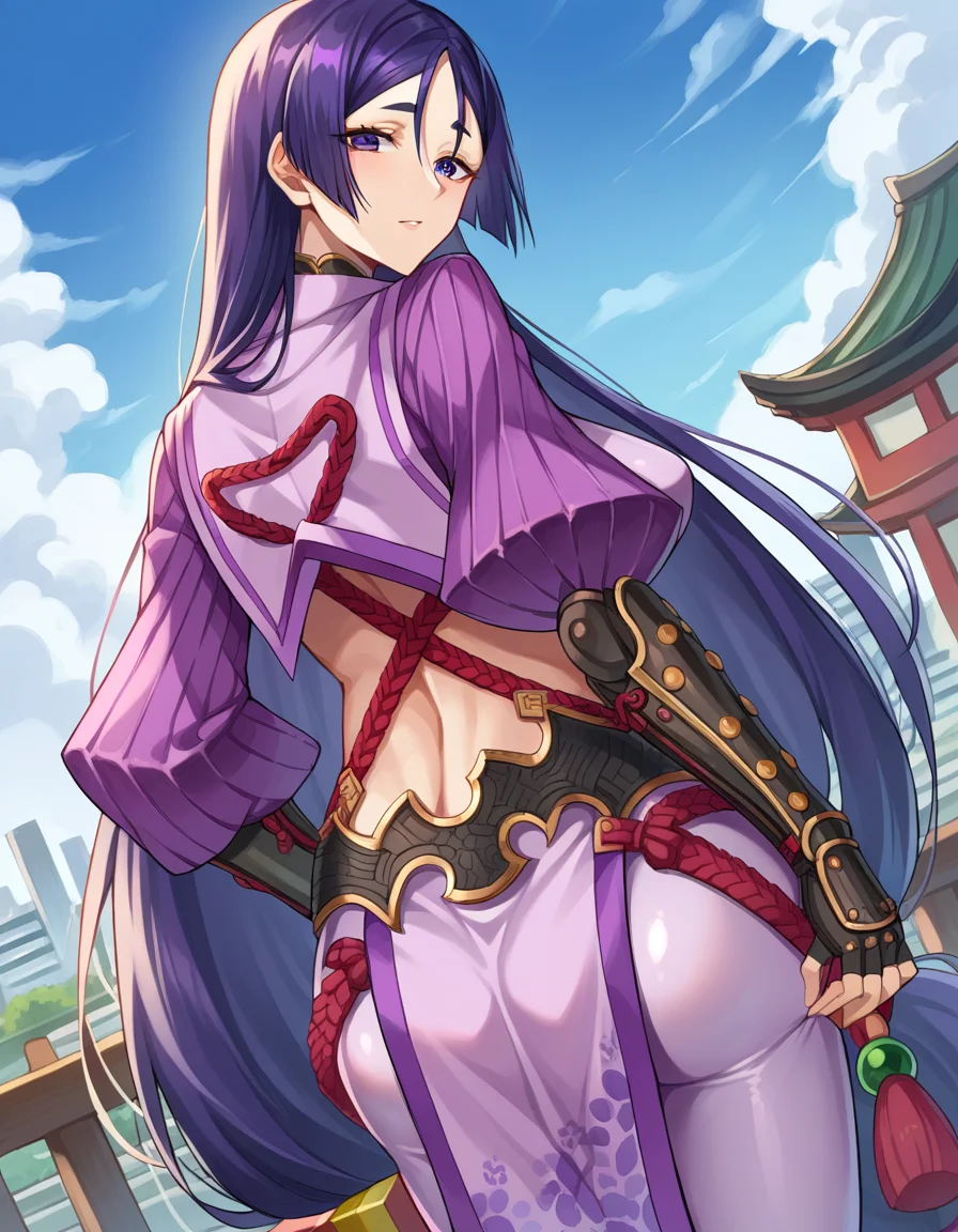 score_9, score_8_up, score_7_up, source_anime,
raikou, <lora:minamoto-no-raikou-ponyxl-lora-nochekaiser:1>,
raikou, parted bangs, purple eyes, purple hair, long hair, hime cut, forehead, mature female,
arm guards, armor, black gloves, bodysuit, fingerless gloves, gloves, japanese armor, kote, loincloth, purple bodysuit, ribbed sleeves, tabard, toned,
outdoors, cityscape, bent over,
looking at viewer, cowboy shot, dutch angle,