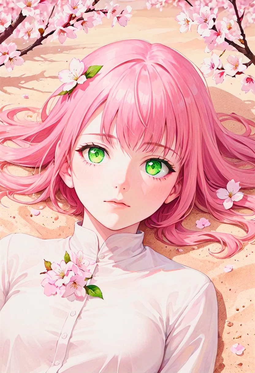 portrait, a young woman with pink hair and green eyes laying down, her hair is covered in cherry blossoms, the desert sand surrounds her head