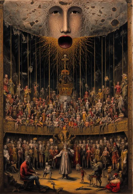 A highly detailed, artistic scene of a massive, decayed marionette theater where humanity itself is the puppet show. High above, unseen hands manipulate strings attached to countless people below—politicians, workers, soldiers, and citizens—each moving in perfect rhythm, unaware of their lack of control. Their hollow eyes and serene faces mask their obliviousness to the strings that bind them. The stage is grand yet rotting, its paint peeling as the performance continues. In the shadows, a few figures have cut their strings, standing freely but looking lost, uncertain of their own movements. Above, a giant, broken mask looms, cracked and crumbling, revealing only an empty void beneath—hinting that even the puppet masters may be blind to their own illusion of control.