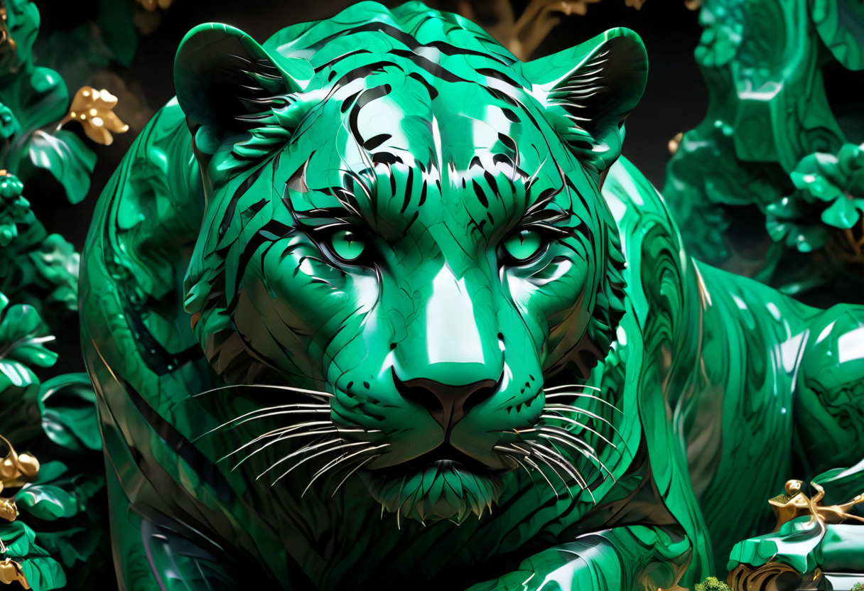 panther looking at the forest, wise, intense, dramatic, sharp outlines, high contrast, masterpiece, ultra detailed, fine details, intricate, elegant, malachite_style