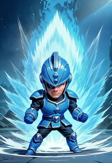 (Megaman, Rockman, gloves, boots, helmet, blue armor, arm cannon:1.1):1.1)(1boy, solo, facing viewer, , score_9, score_8_up, score_7_up, chibi, Ki Charge, aura, shooting stance, white aura, blue aura, arm raising, full body,  zPDXL3 ,SimplePositiveXLv2, masterpiece, best quality, high res, illustration, extremely detailed, 8k, wallpaper, hud_c4ric4ture_Styl, chibi