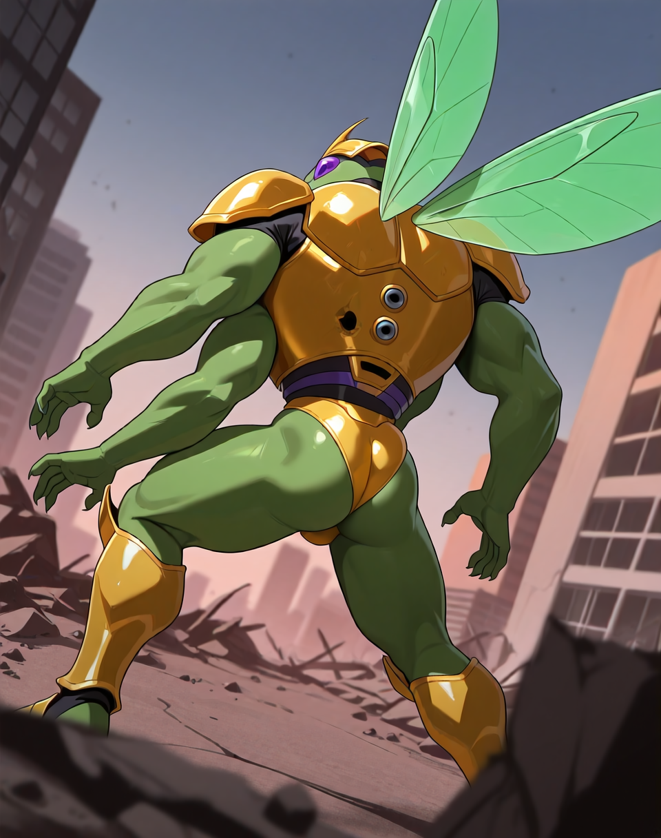 <lora:Ultimate_Katris_(Shinzo)_(Illustrious)_(AD):1.35> Ultimate Katris, muscular, mantis, Shinzo, 
((
exterior, bent leg, anime post apocalyptic city, destroyed buildings, destroyed skyscrapers, buildings laying at an angle or on the side, dutch angle, side view, butt, 
dynamic action, insect anthro, male focus, strong warrior, manly, bounty hunter, villain, glossy gold armor, manly, masculine, 4arms, four armed, perfect proportions, green body, wings, 
)), 
BREAK: very awe, aesthetically pleasing, masterpiece, best quality, amazing quality, very aesthetic, perfect depth of field shot, gradient coloring, subsurface reflections, source_furry, furry_art, vivid colors, source_anime, masterclass anime,
masterpiece, best quality, amazing quality, very aesthetic, high resolution, ultra-detailed, absurdres, newest, scenery, {Prompt}, BREAK, detailed background, volumetric lighting,
BREAK: lazympos, lazypos (3),