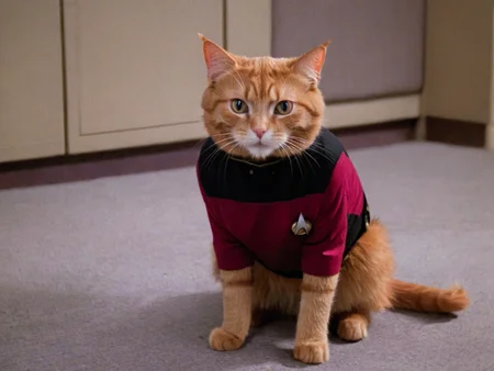 <lora:star_trek_tng_v10_sdxl:1> an orange cat wearing a starfleet uniform