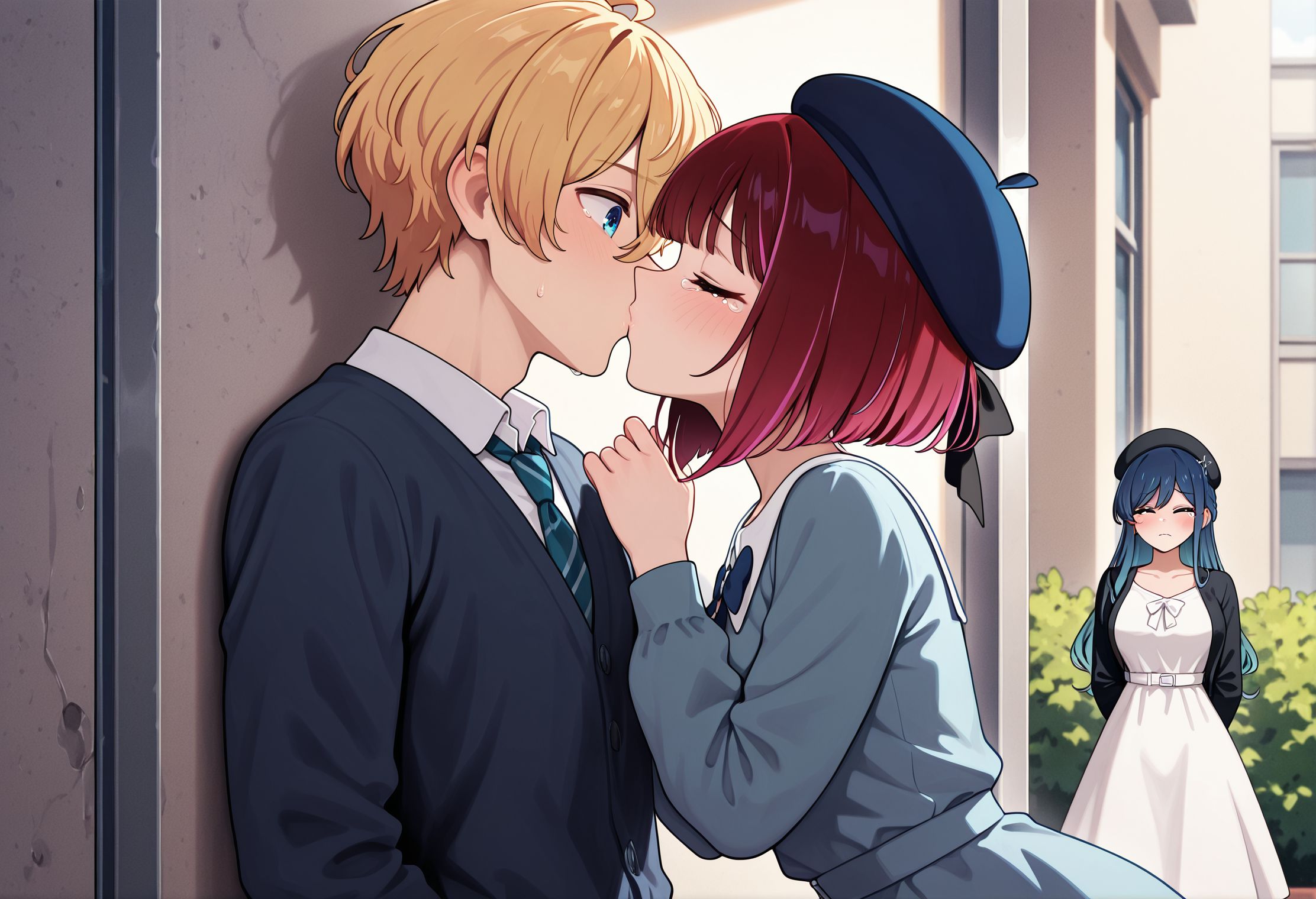 masterpiece,best quality,amazing quality,very aesthetic,absurdres,newest,huge filesize,
<lora:spo_sdxl_10ep_4k-data_lora_webui:0.5>,
<lora:add-detail-xl:1>  anime coloring,uncensored,
<lora:Forced_to_Watch_NTR:1>Forced_to_Watch_NTR,
only 3preson,
2girls,1 boy,hetero, 
kiss, looking at another, 
bush,
boy kiss girl ,
closed eyes,
forced to watch, 
(one girl  standing at background is looking at couple kissing, sad, tearing up), 
BREAK
kurokawa akane,  dress, 
BREAK
arima kana, hat, 
BREAK
hoshino aquamarine,