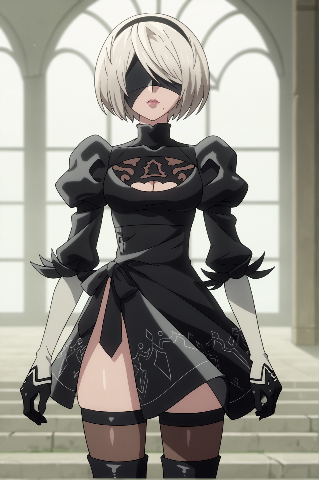 score_9, score_8_up, score_7_up,anime_source, source_anime, best background, detailed background, anime screencap,  yorha 2-gou b-gata, 1girl, black dress, cleavage cutout, clothing cutout, dress, gloves, juliet sleeves, long sleeves, puffy sleeves, short hair, solo, thighhighs  indoors,  <lora:JN_YoRHa_2-gou_B-gata:0.8>
