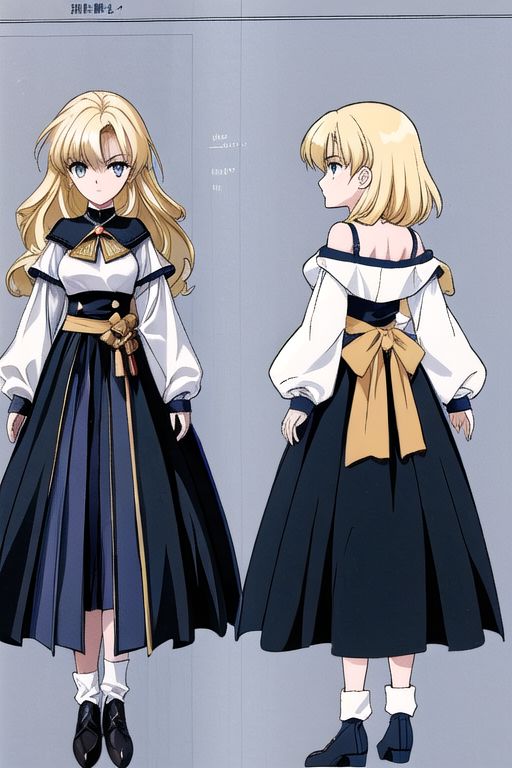 anime, blonde, very messy hair girl, gothic style, no sleeve yellow shirt, black skirt, shoulder, witch, serious face, medieval fantasy, medieval castle, wizard uniform, 1980s (style), retro artstyle, model sheet, simples bsckground, chara-sheet
