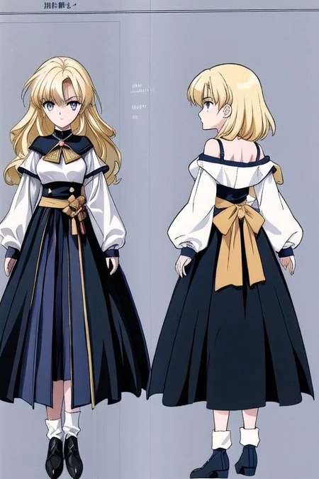 anime, blonde, very messy hair girl, gothic style, no sleeve yellow shirt, black skirt, shoulder, witch, serious face, medieval fantasy, medieval castle, wizard uniform, 1980s (style), retro artstyle, model sheet, simples bsckground, chara-sheet