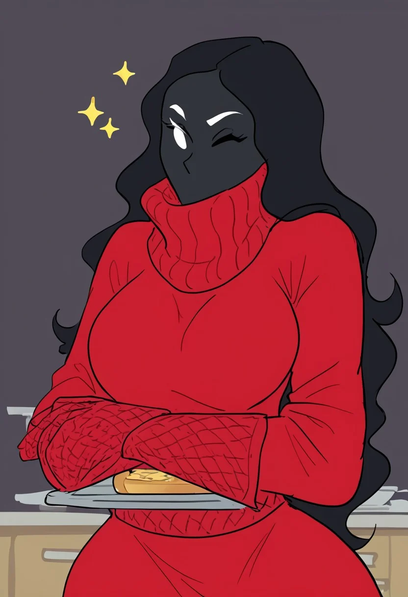 score_9, score_8_up, score_7_up, score_6_up, high quality, artwork, masterpiece, detailed, simple shadows, 2.5, shiny skin,
1woman, long hair, black hair, long straigth wavy hair, black skin, white eyebrows, expressive eyes, expressive eyebrows, simple white eyes, white simple eyebrows, black simple nose, simple lines, low budget style animation, sketch animation, wink sparkles, white eyes, black nose, red coat, red kitchen gloves,
happy, wink, wink sparkles, holding tray of lasagna,
red coat covering lower half-face, red coat turtleneck covering mouth,
wasp waist, voluptous, hourglass figure, bigger frame, big hips, tall,
realistic body type, unrealistic measures, mature woman, black hair, long hair,
full turtleneck dress, puffy dress, red kitchen gloves, very long dress,
three quarters shot, dutch angle, simple drawing, artwork, animation stlye, simple shadows, simple details, keycock, zPDXLpg