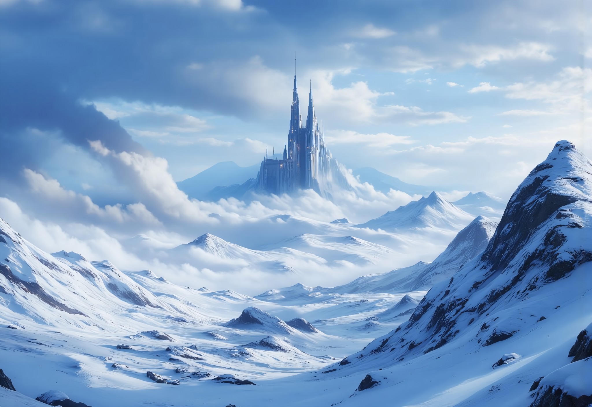 aidmamj6.1, digital art of  a snow valley with white rocks. Its giant tower in the distance, the roof of the tower reaches the clouds, The sky is shrouded in clouds by the light of the setting sun, there are lights in the tower windows . The scene is filled with tranquility and peace.