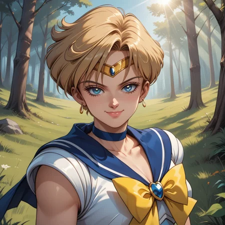 score_9, score_8, BREAK, solo, Sailor Uranus, blonde short hair, sailor senshi uniform, darkblue boots, circlet, darkblue skirt, darkblue sailor collar, yellow bowtie, darkblue choker, white gloves, sexy pose, self portrait, smile, outdoors, sunlight, shadows, evening lighting, natural lighting, forest, trees, grass, orange sky, sunset