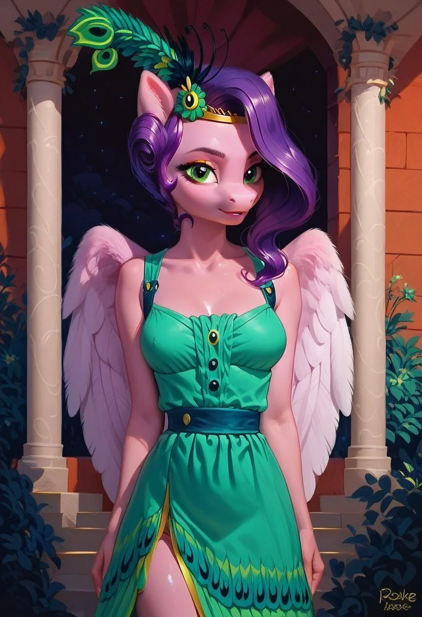 safe_pos, score_9, score_8_up, score_7_up, score_6_up, realistic illustration, dramatic angle, outside, garden, (night), 1girl, solo, Pipp petals, anthro pony, my little pony, 25 yo, tail, petite body, shiny skin, wings, folded wings, medium breasts, makeup, eye shadow, standing, looking at you, inviting pose, inviting look, extended arm, dramatic angle, beautiful dress resembling peacock feathers in green and turquoise tones, head decoration with feathers and an additional flowe
