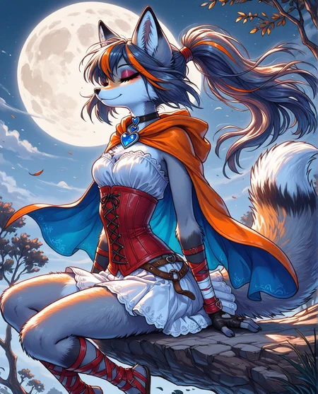 masterpiece, best quality, amazing quality, solo, furry female, sfxm2, fox tail, fox ears, paws, paw pads, (long hair, streaked hair, high ponytail), eyeshadow, fox claws, orange cape, blue inner cape lining, short cape, (red corset, white skirt), heart brooch, moon, trees, bandages, wraps, open-toe footwear, fingerless gloves, vivid contrast, vivid coloring, breeze, windy, fluffy fur, detailed fur, sitting