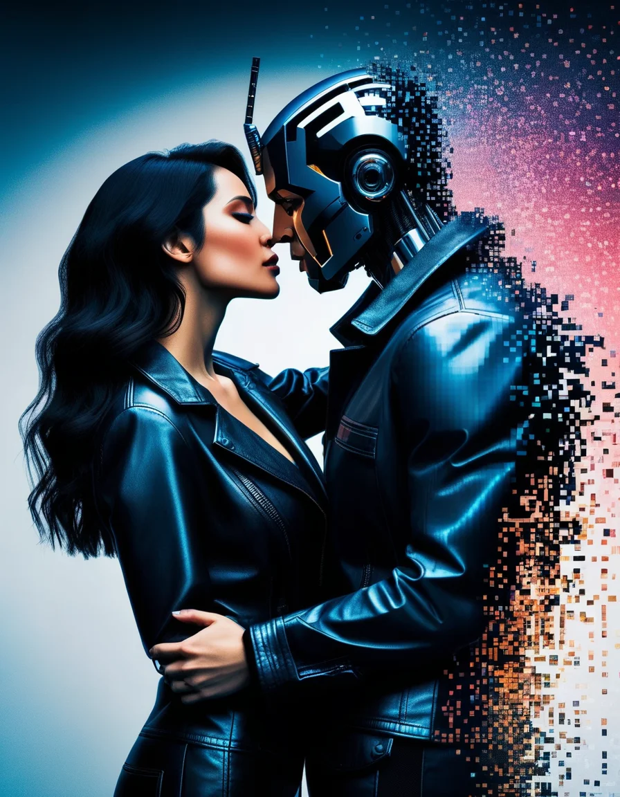 <lora:Aether_Pixel_v1_SDXL_LoRA:1> photo of a robot man dissolving into pixels kissing a robot woman dissolving into pixels, cinematic, cyberpunk, dark night
