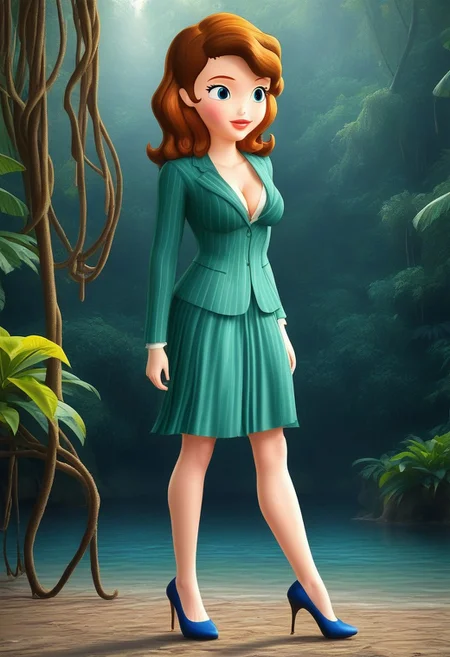 sofia_the_first,  blue eyes, brown hair,skirt suit, striped suit, fitted skirt, sea green suit, medium breasts, cleavage, 18 years old, Jungle w4t3rf4ll,neoclassical painting, high heels,