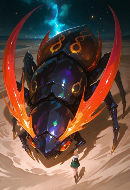 masterpiece, best quality, highly detailed, score_9, score_8_up, score_7_up, score_6_up, dramatic lighting, shadows, dynamic posture, A massive, iridescent, spiky creature, resembling a beetle or insect, with a metallic, polished carapace in shades of deep blue, purple, and shimmering pink. Large, glowing orange-red eyes dominate its face, and the body is covered in intricate details and sharp spikes that gleam in the light. The creature has many segmented legs, and is walking along a surface of light brown sand speckled with golden and orange sparkles. Rocks of dark grey and muted greens are scattered throughout the sandy ground. The scene is lit by an ethereal, otherworldly light, casting vibrant color onto the creature and the environment. An impressionistic style, emphasizing the textures and light effects, creating depth and a sense of wonder. Include a dreamy, almost fantasy-like atmosphere in the background with blurred, glowing stars and nebula-like colors, and subtle hints of deep blues and purples behind the creature. Focus on hyperrealistic details with meticulous surface textures. High-definition render.