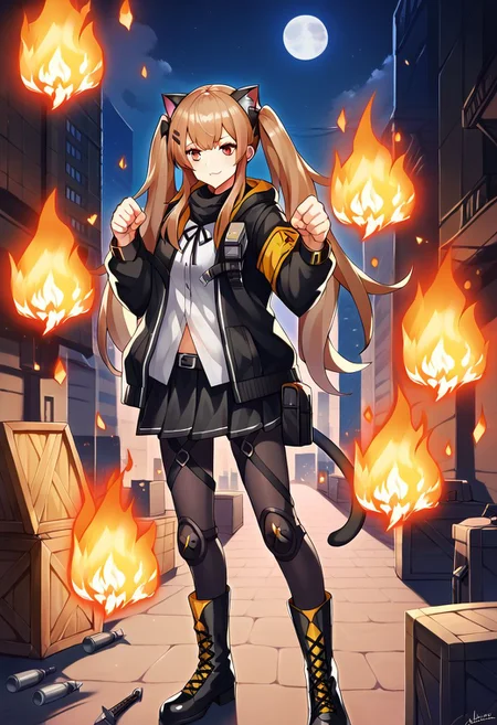 score 9, score 8 up, score 7 up, detailed background, shiny skin, <lora:ump9.pony:1>, ump9, def, human, outdoors, city, burning city, night, moon, cat ears, paw pose, explosives, crate with explosives, flames,