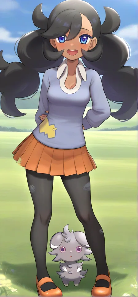[[hinosaki]], 2d, masterpiece, best quality, amazing quality, 1girl, solo, close-up, standing, open mouth, smile, full body, looking at viewer, meadow, day, ,pkemma, emma \(pokemon\), dark-skinned female, blue eyes, low twintails, bangs, black hair, long hair, blue sweater, [[yellow patch]], white shirt, collared shirt, orange pleated skirt, black pantyhose, torn pantyhose, mary janes, orange footwear, espurr