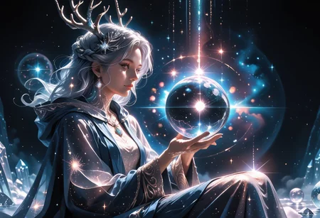 high quality, score_9, score_8_up, source_7_up, very aesthetic, high resolution, newest, depth of field, volumetric lighting, (masterpiece, best quality, ultra-detailed, High detailed), beautiful face, absurdres, masterpiece, best quality, amazing quality, masterpiece,best quality,amazing quality, 8k,
BREAK
girl, silver hair, silver eyes, ethereal horns, deer horns,
druid robe, flowing robes, glowing runes around person,
sitting, floating, orb, crystal ball, hood up, hand holding orb,
galaxy inside orb, levitating, stardust,
surreal, detailed, rich_color_palette, light_and_dark, arcane, atmospheric, dreamlike, otherworldly, fantastical, galaxy,
dark background, night sky,