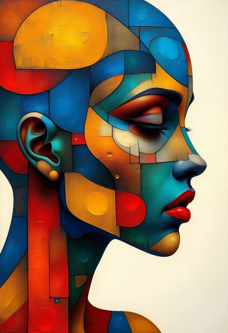 absrtCE_style, abstract realism painting, multilayered composition, forming an abstract side profile silhouette or portrait with one ultra realistic eye, mixed media, salted water color, guache, gold applications, colored chalk powder, material textures. In the style of art nouveau (kandinski:0.2) and max ernst, (light yellow and dark red:0.4), additional textures in the different colors displaying centers of interest, circular shapes, abstract, exaggerated layers and complex compositions, neo-cubism, stylized, intricate, bezier curves, golden ratio, ultra highly detailed, stickman, thick layers of paint, visible traces from the brush.