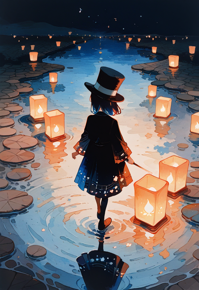 k4_illu,  intricate details, masterpiece, very aesthetic, absurdres, abstract, traditional media, scan, blending, painting \(medium\), k4_illu, a parade of chibi ghosts, each wearing tiny pastel hats and holding glowing lanterns, floating above cobblestone streets lined with blooming ghostly flowers, their hollow glowing eyes radiating soft blue light. A spectral conductor with a cracked top hat leads the parade, holding a baton that emits musical notes in the form of butterflies. The background is a surreal night sky blending purple and black, with distant stars swirling in patterns that mimic the ghostsâ movements. Cute yet eerie, the scene is both heartwarming and haunting, capturing the whimsy of a magical ghost town.