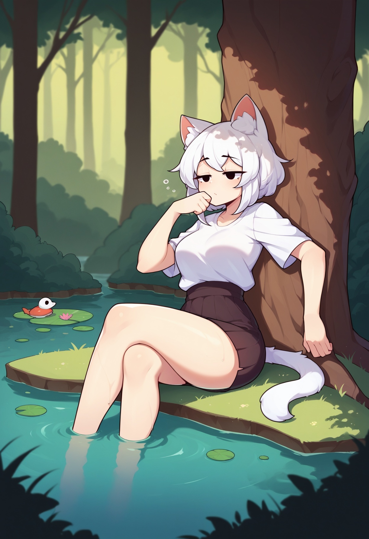 score_9, score_8_up,score_7_up, source_ anime,by fizintine, black eyes,
BREAK
forest,
BREAK
1girl,cat ears, white hair, sitting on grass, sleepy, leaning on tree,medium breasts, half closed eyes,
BREAK
pond,
BREAK
legs, partially submerged, 
<lora:Fizintine_Art_Style_Pony_DIffusion:1>