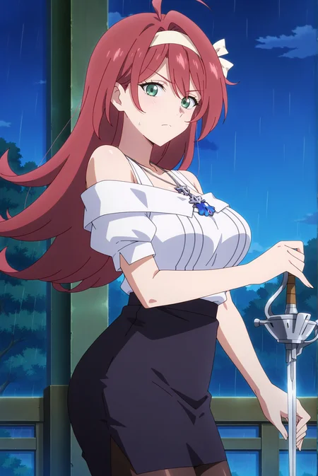 masterpiece, best quality, anime, 2d, 1girl, (slender, anime screencap, medium breasts), solo, gi clervie, <lora:Clervie-ILXL-V1:1>,
BREAK (long hair, ahoge, red hair, white hairband, white ribbon, hair ribbon, mature female:1.2), outdoors, night, rain, <lora:StS_Age_Slider_Illustrious_v1:2>
BREAK (white shirt, necklace, short sleeves, off shoulder, black skirt, miniskirt, pencil skirt, brown pantyhose),
BREAK (looking at viewer, cowboy shot, holding sword, rapier, from side:1.2), (green eyes, v-shaped eyebrows, serious),