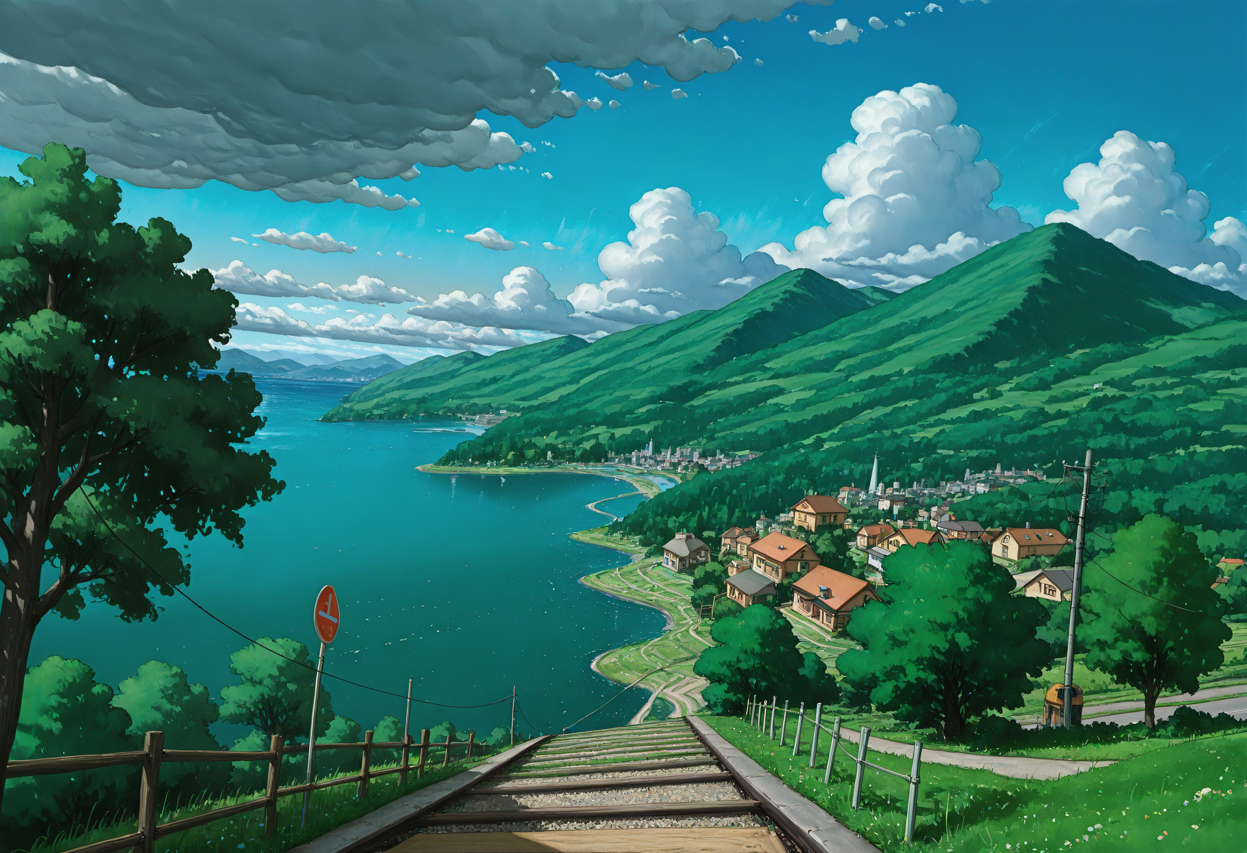 ((cartoon, traditional_media, original, landscape, cowboy_shot, dutch angle))
((on-the-brink,  sky, outdoors, day, cloud, water, tree, blue_sky, no_humans, ocean, cloudy_sky, grass, plant, building, nature, scenery, motor_vehicle, forest, mountain, city, sign, fence, horizon, road, car, cityscape, bush, field, house, bridge, green_theme, power_lines, river, street, landscape, utility_pole, road_sign, train, fisheye, mountainous_horizon, path, hill, town, railroad_tracks))