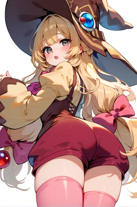 score_9, score_8_up, score_7_up, very aesthetic, source_anime, detailed,
simple background,
from behind, looking back, looking at viewer, open mouth, blush, from below,
<lora:beryl_autismConfetti_v02:0.99>berylBase, freckles, hair ribbon, blonde hair, grey eyes, long hair, brown witch hat,
puffy sleeves, wide sleeves, long sleeves, yellow shirt, red shorts, pink ribbon, pink thighhighs,, zPDXL