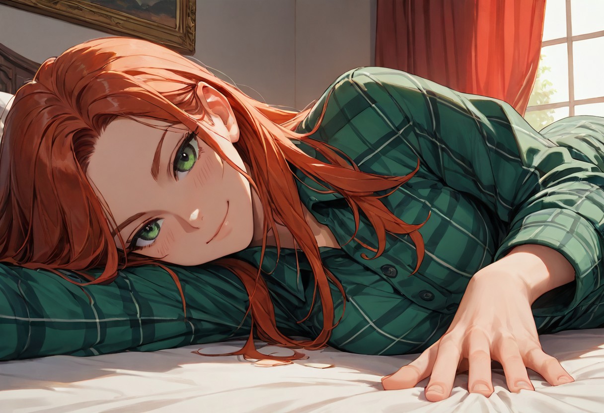 (score_9, score_8_up, score_7_up), zPDXL3, (drawn, wide hips:1.3),1girl, solo, medium breasts, redhead, 
green eyes, long hair, green flannel, shirt, cowboy shot, lying, on bed, on side, baroque hall, baroque bedroom, window, red curtains,
stomach, from above, (face focus, close-up:1.5), blush, looking away,
looking at viewer,
dutch angle, 
smug,