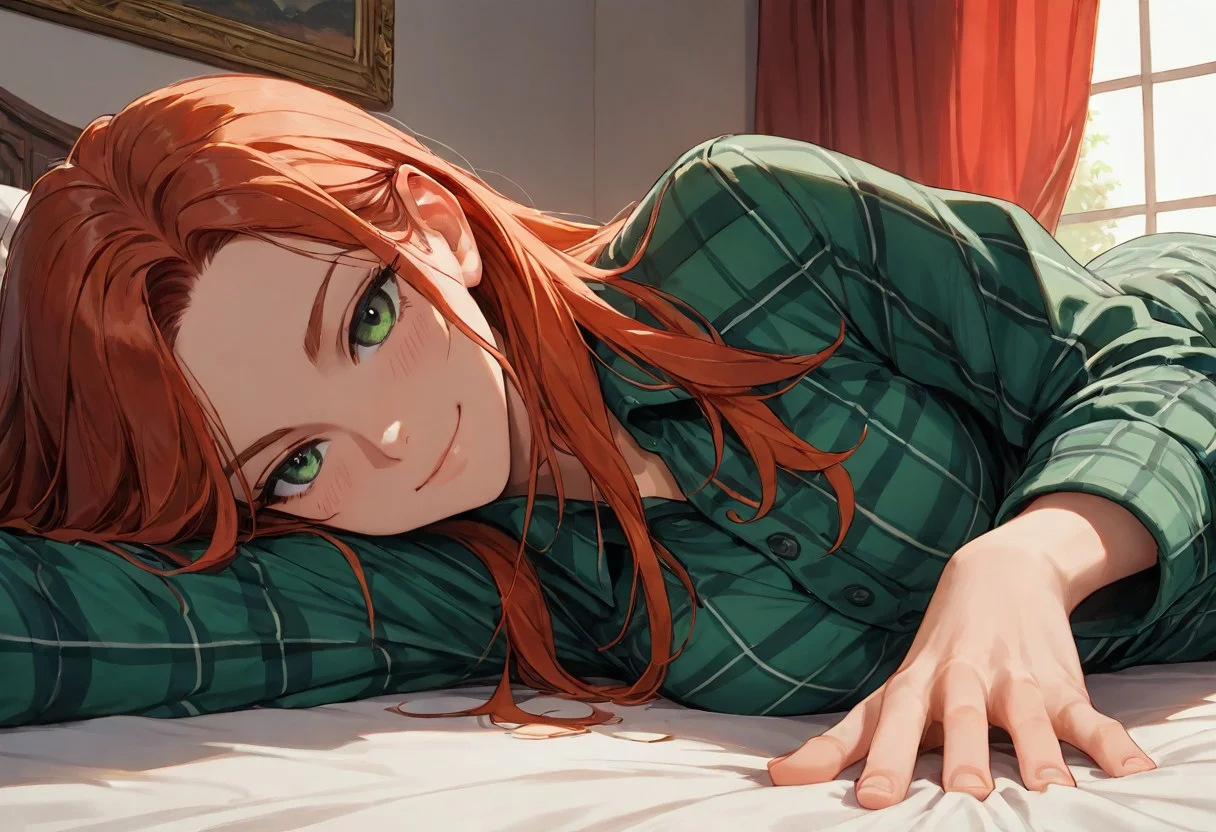 (score_9, score_8_up, score_7_up), zPDXL3, (drawn, wide hips:1.3),1girl, solo, medium breasts, redhead,
green eyes, long hair, green flannel, shirt, cowboy shot, lying, on bed, on side, baroque hall, baroque bedroom, window, red curtains,
stomach, from above, (face focus, close-up:1.5), blush, looking away,
looking at viewer,
dutch angle,
smug,