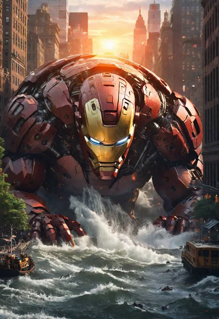 (Colossus:1.2) Ironman atack New York,high quality, detailed background, 8k,35mm ,detailed face,  detailedeyes, small city,extremely detailed