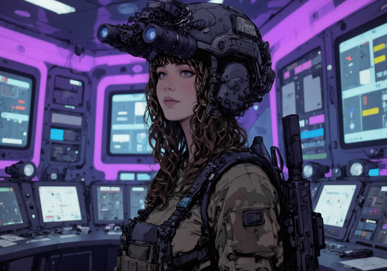 in the style of cksc,, A photograph of a young woman wearing n0ds on her head, featuring a protective headpiece in a black camouflage design with modular mounting points, integrated wiring, and an adjustable chin strap. Attached to the front is a dual-tube optical device with forward-facing cylindrical lenses emitting a subtle blue glow. She has long, wavy brown hair and a freckled complexion, dressed in a tan tactical shirt under a camouflage-patterned jacket. She carries a slung weapon, partially visible at the edge of the frame. The setting appears to be a high-tech control room, illuminated by vibrant purple and blue ambient lighting, with panels and screens in the background adding to the futuristic atmosphere<lora:n0ds_epoch_23.safetensors:1.0:1.0> <lora:ck-shadow-circuit-000021.safetensors:1:1>