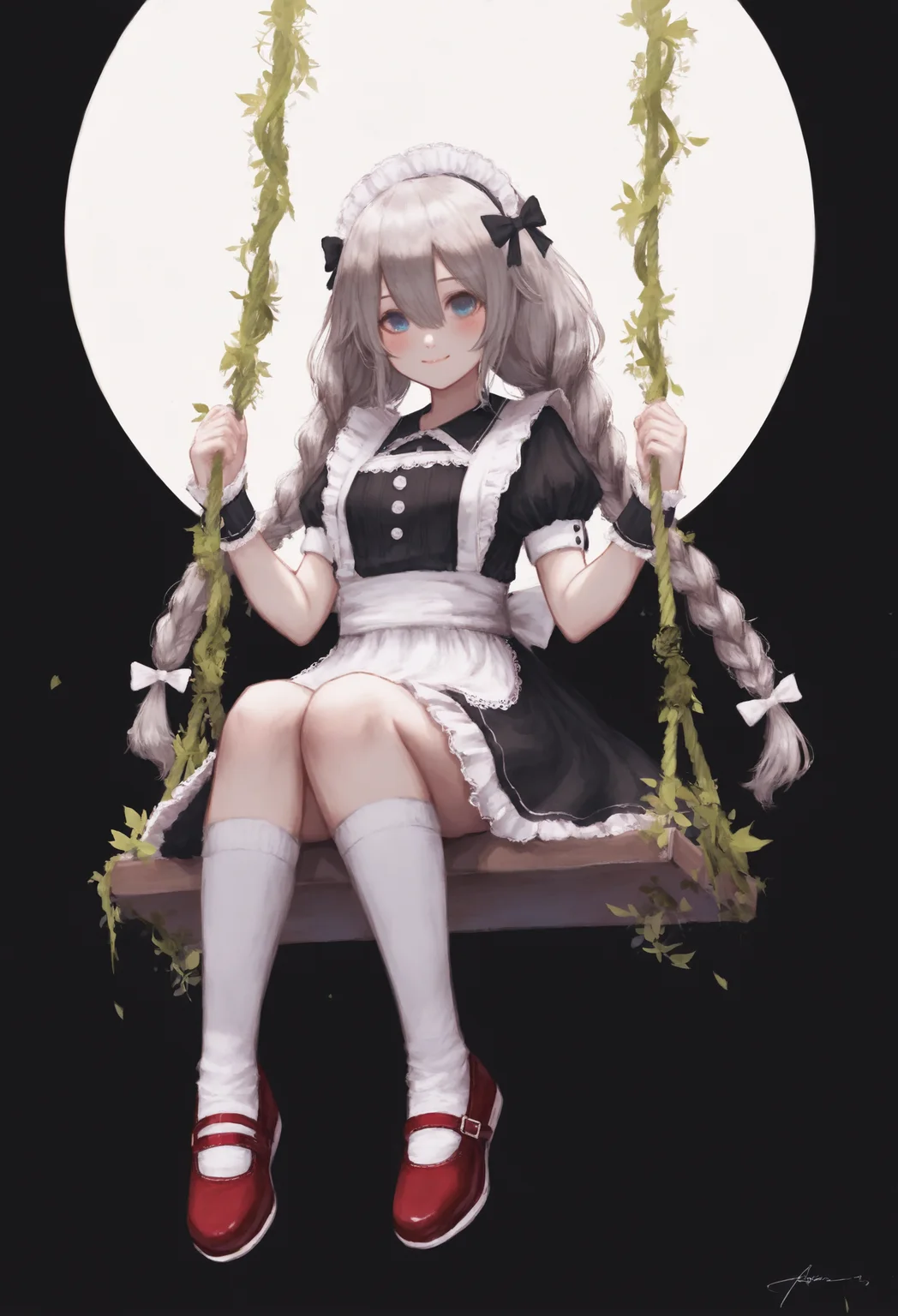 1girl,
solo, swing, long hair, sitting, dress, short sleeves, bow, black dress, very long hair, puffy sleeves, puffy short sleeves, white bow, grey hair, plant, looking at viewer, moon, hair between eyes, blue eyes, closed mouth, black bow, full body, full moon, leaf, black background, wrist cuffs, shoes, legs together, frills, red footwear, maid headdress, kneehighs, blush, simple background, sock, twin braids, braid, hair bow, smile, white socks,
.
masterpiece, best quality, very aesthetic, absurdres
<lora:akafornoob:0.95>