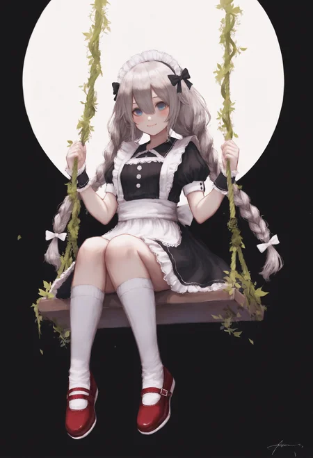 1girl,
solo, swing, long hair, sitting, dress, short sleeves, bow, black dress, very long hair, puffy sleeves, puffy short sleeves, white bow, grey hair, plant, looking at viewer, moon, hair between eyes, blue eyes, closed mouth, black bow, full body, full moon, leaf, black background, wrist cuffs, shoes, legs together, frills, red footwear, maid headdress, kneehighs, blush, simple background, sock, twin braids, braid, hair bow, smile, white socks,
.
masterpiece, best quality, very aesthetic, absurdres
<lora:akafornoob:0.95>
