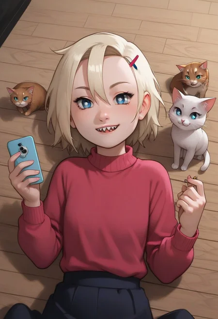 ino, hair ornament, hairclip, 1girl, solo, blonde hair, short hair, blue eyes, smile, looking at viewer, BREAK level_9, level_8_up, level_7_up, source_anime, masterpiece, BREAK naruhodou_artstyle, BREAK outdoor, sweater, selfie
long hair, shirt, cross-shaped pupils, hair between eyes, sharp teeth, smiling,
BREAK
level_9, level_8_up, level_7_up, level_6_up, level_5_up, source_anime, masterpiece
BREAK
laying on the floor, cats, a lot of cats, cats all around, covered in cats, CATS, cat, happy, cats everywhere, cats all over ino cuddling, cute, patting cats, various colors of cats, various cats,