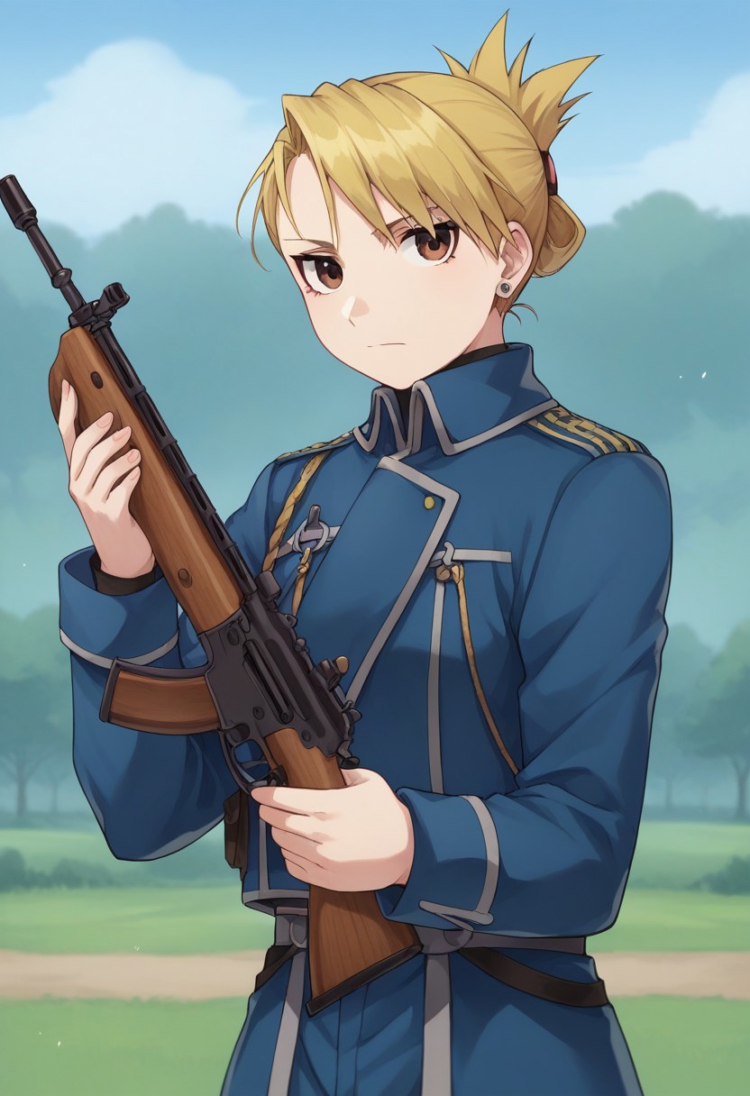 score_9, score_8_up, source_anime, highly detailed, 
riza, 1girl, gun, weapon, blonde hair, solo, rifle, military, military uniform, brown eyes, earrings, uniform, folded ponytail, holding weapon, jewelry, holding,
holding gun, aiguillette, looking at viewer, bolt action, closed mouth, blue jacket, long sleeves, upper body,
outdoor,