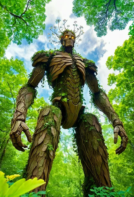 fantasy art, masterpiece, view from below, low angle, fantastical forest, motes of light hang in the air, magical feeling, colorful flowers bloom, green vines, healthy plants, a mecha made of trees walks through the forest, he is taller than the trees, his head is in the clouds, seen from below, he is made of earth and stone, his body is made of leaves, branches and tree trunks, he is covered in leaves and vines and flowers, he looks towards the distance, mysterious clouds swirl in the sky, fireflies zip around the bottom edge, magic is in the air,