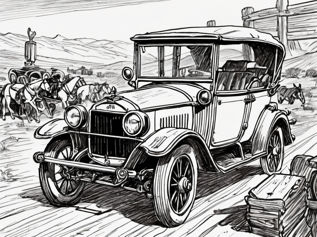 lineart, vintage car at wild west, <lora:Line-illustration:0.8>