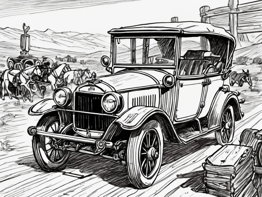 lineart, vintage car at wild west, <lora:Line-illustration:0.8>