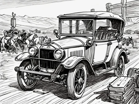 lineart, vintage car at wild west, <lora:Line-illustration:0.8>