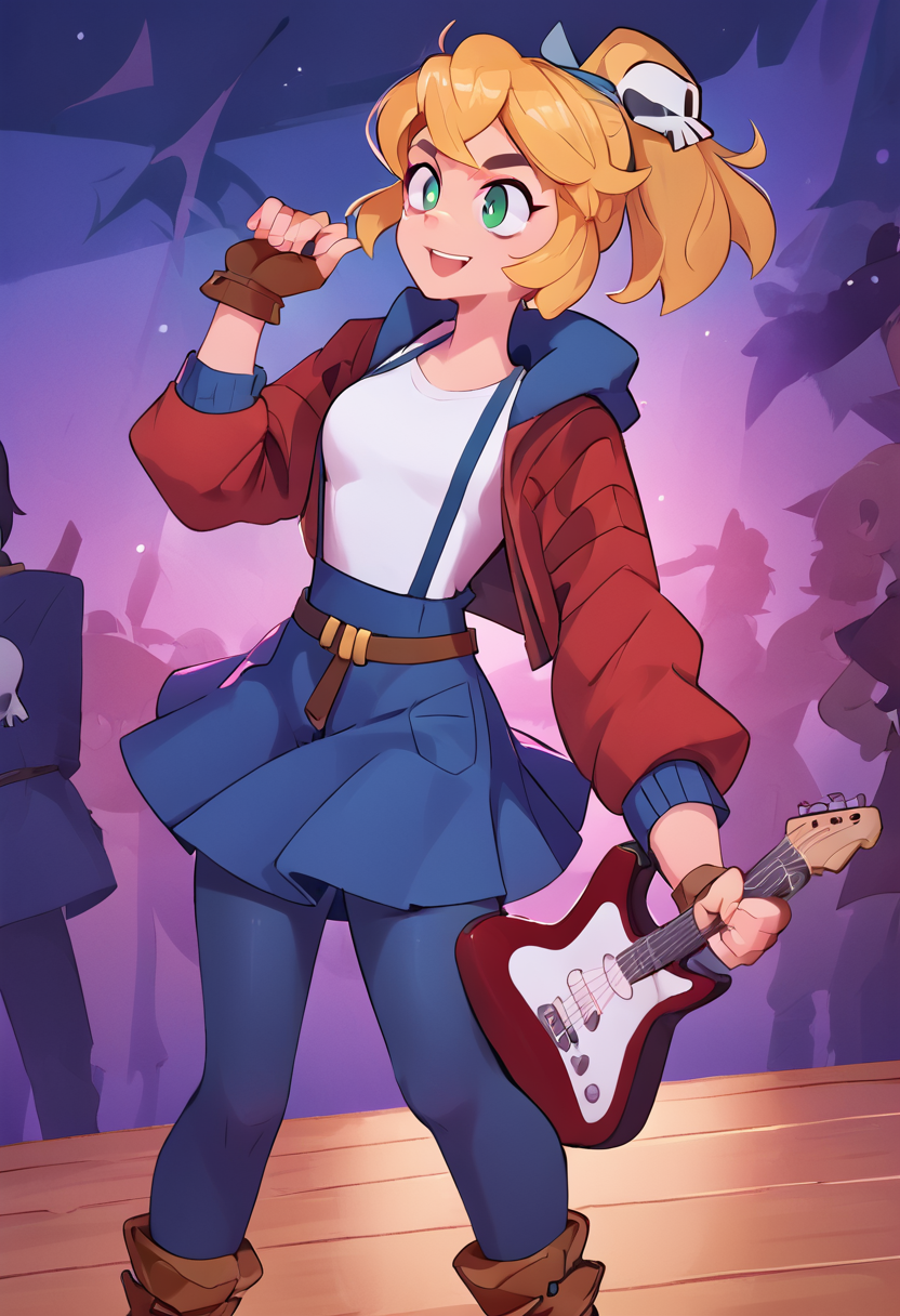 score_9, score_8_up, score_7_up, score_6_up, source anime,nsfw, expressive, perfect face, detailed eyes, Cadence_Rift, solo, skirt, blonde hair, shirt, hair ornament (skull), gloves, green eyes, jacket, suspenders, ponytail, pantyhose, boots, open clothes, belt, hood, fingerless gloves, open jacket, blue skirt, brown footwear, red jacket, brown gloves, holding guitar, playing guitar, standing on a stage, singing, night-time, stage background, <lora:OtherStyle_03:1> <lora:Cadence_Rift_XL-07:1>