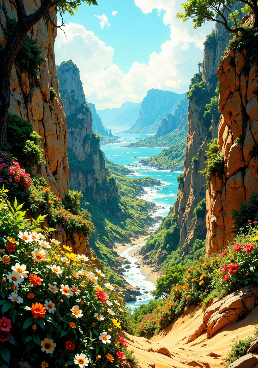 Sweeping aerial perspective of pristine coastal cliffs, vibrant ocean hues blending with sunlit sandy shores. Eye-level capture of a lush, emerald forest adorned with intricate leaf textures, dew-dappled petals, and soft ambient glow. Intimate close-ups of delicate wildflowers against rugged canyon walls, each surface a masterpiece of organic detail. Dynamic tracking shot revealing arid desert expanses, endless golden dunes bathed in warm radiance, juxtaposed with distant, majestic mountain ranges outlined in rich gradient skies. Dramatic low-angle view of a serene valley vista, cascading streams reflecting iridescent colors, and textured stone formations rendered in ultra-high 8k clarity. Radiant natural gradients, bold color palettes, harmonious spatial composition, atmospheric luminosity, intricate details, timeless splendor, and unmatched environmental essence. <lora:Classic_Anime_Colors:0.6> <lora:Rainbow_on_black_style-000003:0.7> <lora:flux_dev:1>