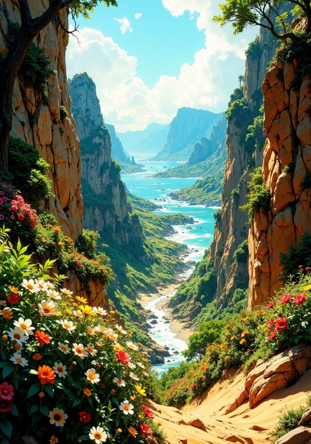 Sweeping aerial perspective of pristine coastal cliffs, vibrant ocean hues blending with sunlit sandy shores. Eye-level capture of a lush, emerald forest adorned with intricate leaf textures, dew-dappled petals, and soft ambient glow. Intimate close-ups of delicate wildflowers against rugged canyon walls, each surface a masterpiece of organic detail. Dynamic tracking shot revealing arid desert expanses, endless golden dunes bathed in warm radiance, juxtaposed with distant, majestic mountain ranges outlined in rich gradient skies. Dramatic low-angle view of a serene valley vista, cascading streams reflecting iridescent colors, and textured stone formations rendered in ultra-high 8k clarity. Radiant natural gradients, bold color palettes, harmonious spatial composition, atmospheric luminosity, intricate details, timeless splendor, and unmatched environmental essence. <lora:Classic_Anime_Colors:0.6> <lora:Rainbow_on_black_style-000003:0.7> <lora:flux_dev:1>