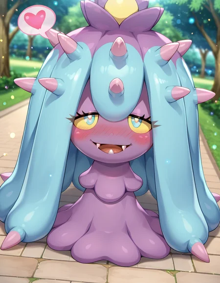 score_9, score_8_up, score_7_up, score_6_up, score_5_up, score_4_up, source_anime,
BREAK
1girl, solo, pokemon, pokemon \(creature\), pokemon (creature), mareanie, fangs, yellow sclera, spikes, purple skin, <lora:Mareanie_Pokemon:0.9>, eyelashes, full body, dutch angle, blush, happy, makeup, half-closed eyes, spoken heart, park, outdoors, looking at viewer,