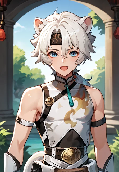 score_9, score_8_up, score_7_up, all in one, masterpiece, best quality, lots of details, (1boy:1.3), male focus, (narrow waist:1.5), <lora:sdxl_lightning_8step_lora:0.75> , closed mouth, shaded, detailed shading, detailed skin, shaded skin, realistic shading, looking at viewer, countershading:1.1, outdoors, <lora:add-detail-xl:0.7>, <lora:Smooth Anime 2 Style SDXL_LoRA_Pony Diffusion V6 XL:0.65>, , , , sloppy open mouth, cute smile, , hair between eyes, <lora:lingyang-08:0.55>, (lingyang:1.3), ponytail, blue eyes, tail, animal ears, (default outfit:1.3), (upper body:1.2), headband,