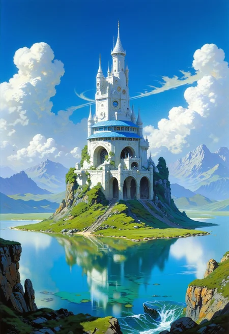A sci-fi castle on an island in the middle of a lake, concept art in the style of Pixar and Disney, 3D render, beautiful landscape, blue sky with clouds, green grassy field, blue roof tiles, white walls, stone stairs around it, small windows with turrets and towers iw 1. Adding depth to the composition. High resolution, high detail, sharp focus, professional photography, full frame