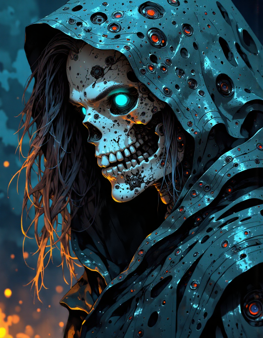 cyberpunk style, closeup of A skeletal figure face, hooded in darkness, with a single glowing blue eye, stares out at the viewer. Their skin is pale and skeletal, with metallic implants covering their face. Their hair is long and flowing, partially obscuring their skeletal features. The background is filled with dark, swirling clouds and hints of fire, <lora:CPA:0.8>, <lora:FluxMythP0rtr4itStyle:0.7>, <lora:Elden_Ring_-_Yoshitaka_Amano:1>